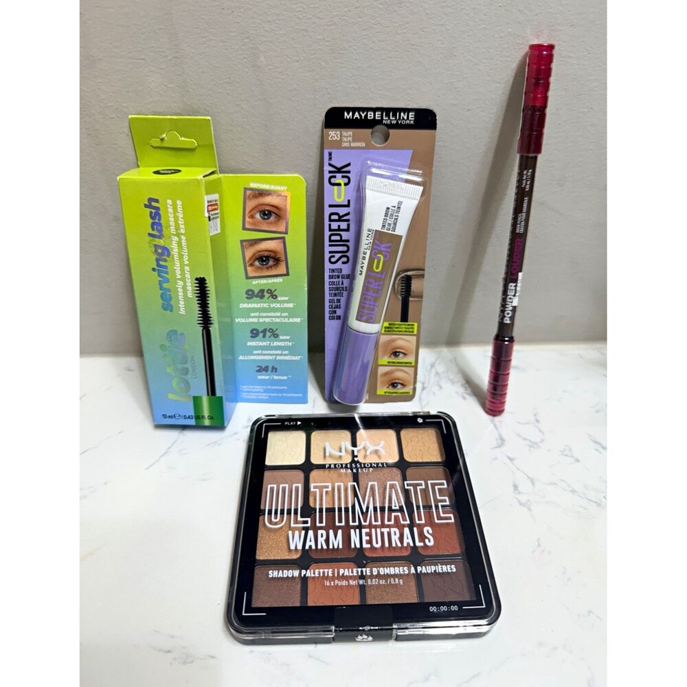 Mixed Brands 4pc Makeup Bundle: Warm Neutrals Eyeshadow, Mascara, Brow Gel